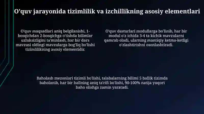 Ta'limda tizimlilik va izchillik prinsiplarini amalga oshirish qoidalari mutaxassisligingizda 4
