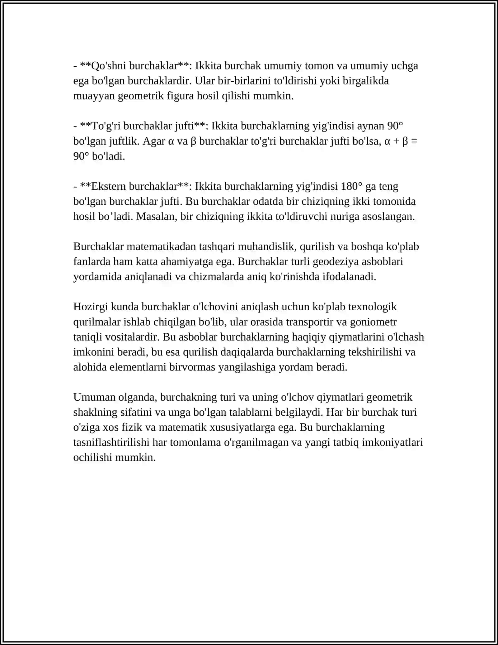 BURCHAK O'LCHOVLARI TURLARINI 0*RGANISH VA HAR BIR O'1CHOV TURINING QO'LLANILISH SOHASINI ANIQLASH, O'LCHOVLAR BO'YICHA TAKLIF BERISH 4