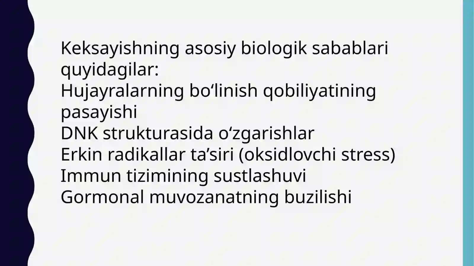 Organizmdagi keksayish davriga xos o‘zgarishlar. Gerontologiya va geriatriya haqida tushuncha 4