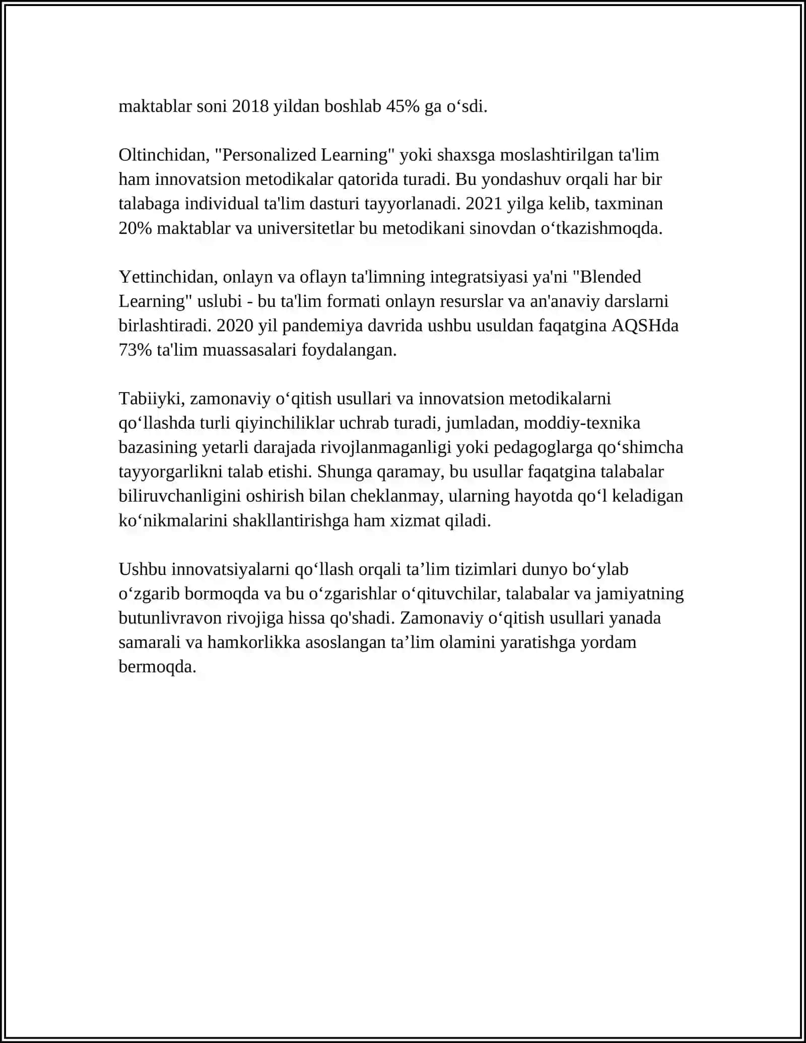 TABIIY FANLARDAN ZAMONAVIY O‘QITISH USULLARI VA TABIIY FANLAR SAVODXONLIGINI RIVOJLANTIRISHGA QARATILGAN INNOVATSION METODIKALAR 4