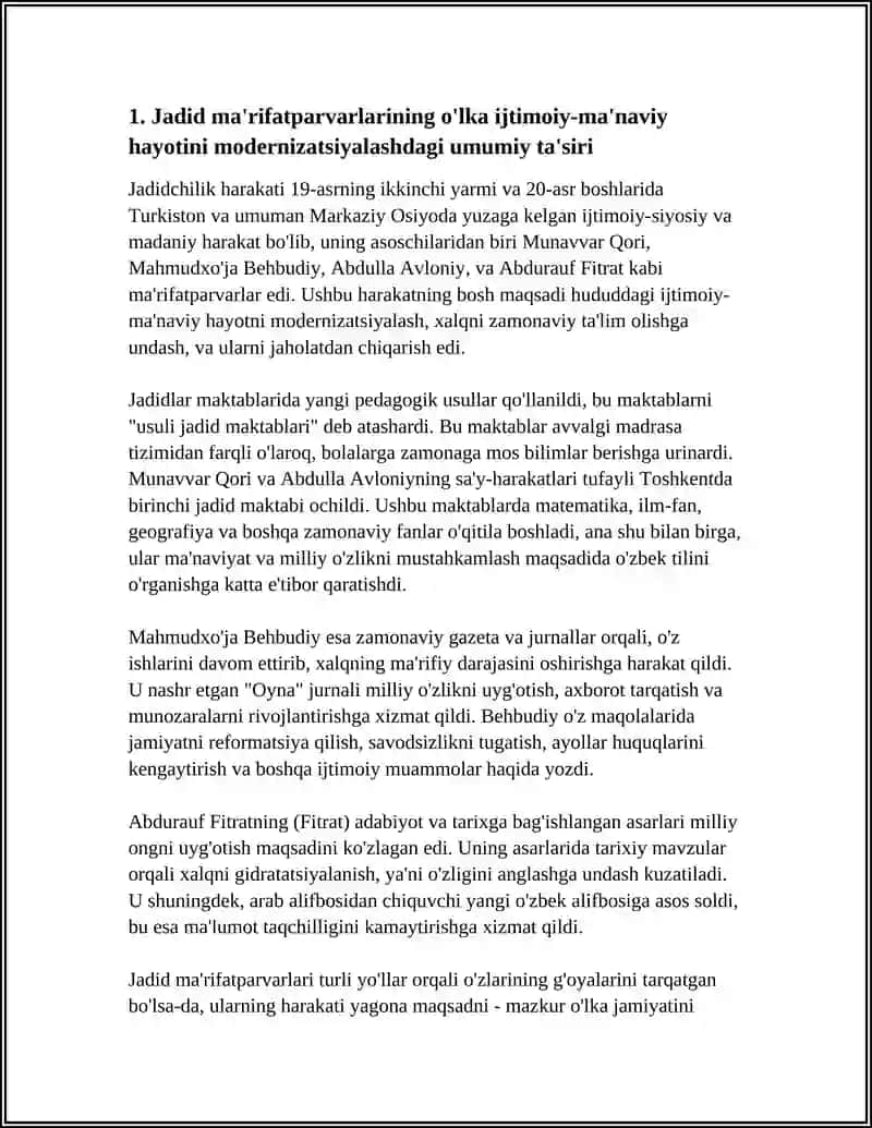JADID MAʼRIFATPARVARLARINING OʻLKA IJTIMOIY-MAʼNAVIY HAYOTIDA TUTGAN OʻRNI (MUNAVVAR QORI, FITRAT, BEHBUDIY, AVLONIY VA BOSHQA.) 4