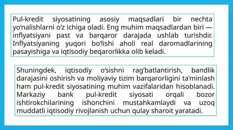 Pul kredit siyosatining asosiy yoʻnalishlari va iqtisodiy barqarorlikni taʼminlashdagi ahamiyati 4