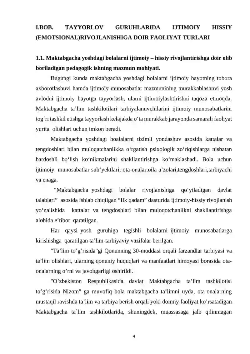 TAYYORLOV GURUHLARIDA IJTIMOIY HISSIY (EMOTSIONAL)RIVOJLANISHIGA DOIR FAOLIYAT TURLARINI LOYIHALASHTIRISH 4