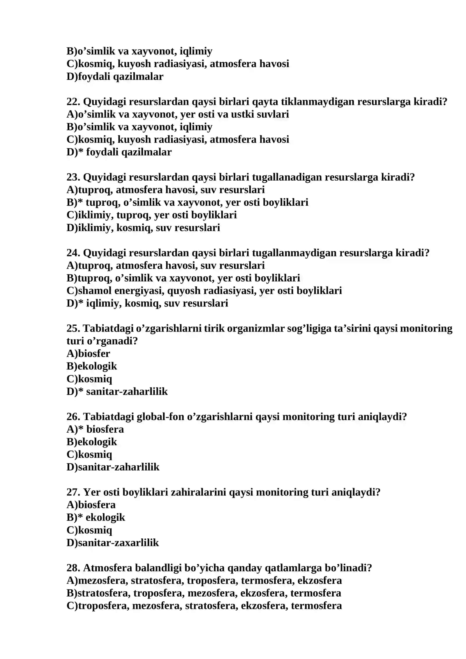EKOLOGIYA FANIDAN TEST SAVOLLARI 4