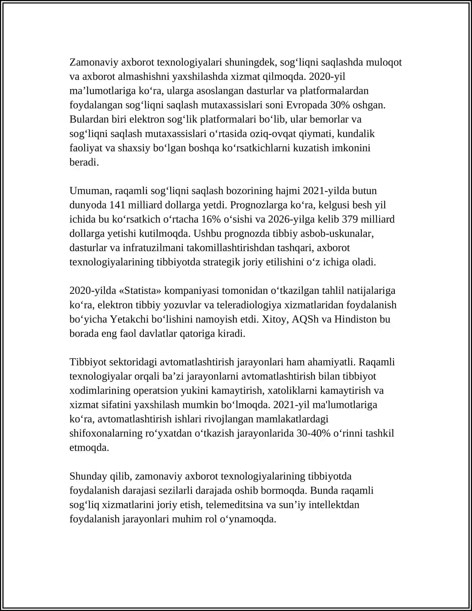 ZAMONAVIY AXBOROT TEXNOLOGIYALARIDAN BUGUNGI KUNDA FOYDALANISH DARAJASI ULARNI TIBBIYOTNING TURLI SOXALARI MA’LUMOTLAR TO’PLASHDA DIAGNOSTIKA VA DAVOLASHDA TUTGAN O’RNI 4