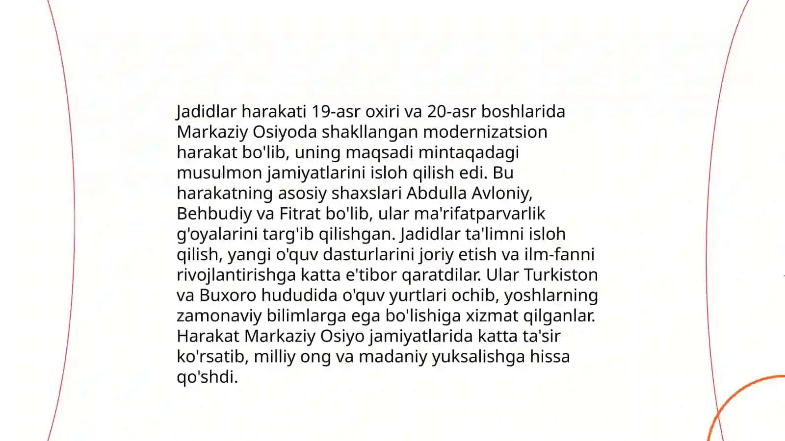 Jadid ma'rifatparvarlarining ólka ijtimoiy-ma'naviy hayotida tutgan órni.,,Qayta qurish" yillarida ózbekistondagi ijtimoiy-siyosiy vaziyat 4