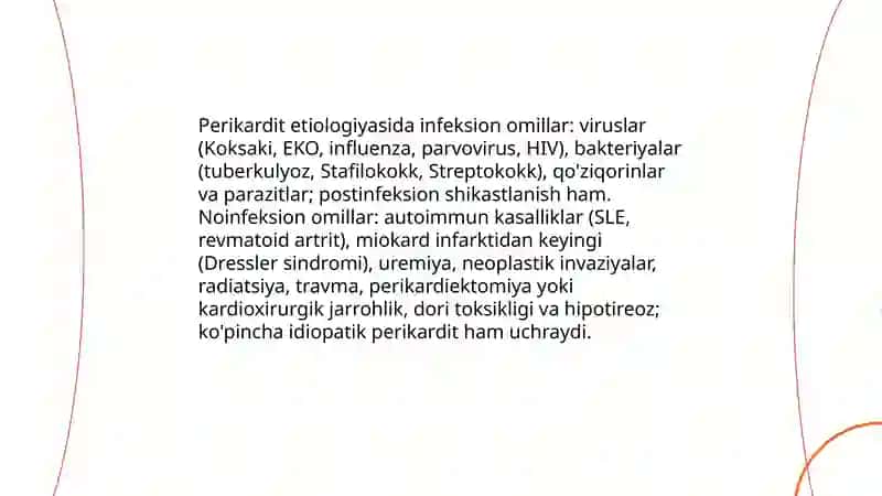 Miokarditlar. Perikarditlar. Etiologiya patogenez klinik diagnostikasi, asorat va davolash. Profilaktikasi 4