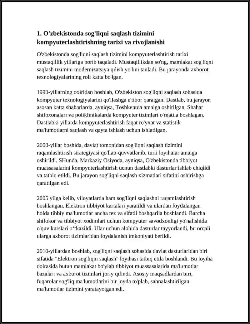 O'ZBEKISTONDA SOG'LIQNI SAQLASH TIZIMINI KOMPYUTERLASHTIRISH. TIBBIY MUAMMOLARNI HAL QILISHDA INFORMATIKANING ROLI. HISOBLASH USKUNALARI UCHUN APPARAT VA DASTURIY TA'MINOT 4
