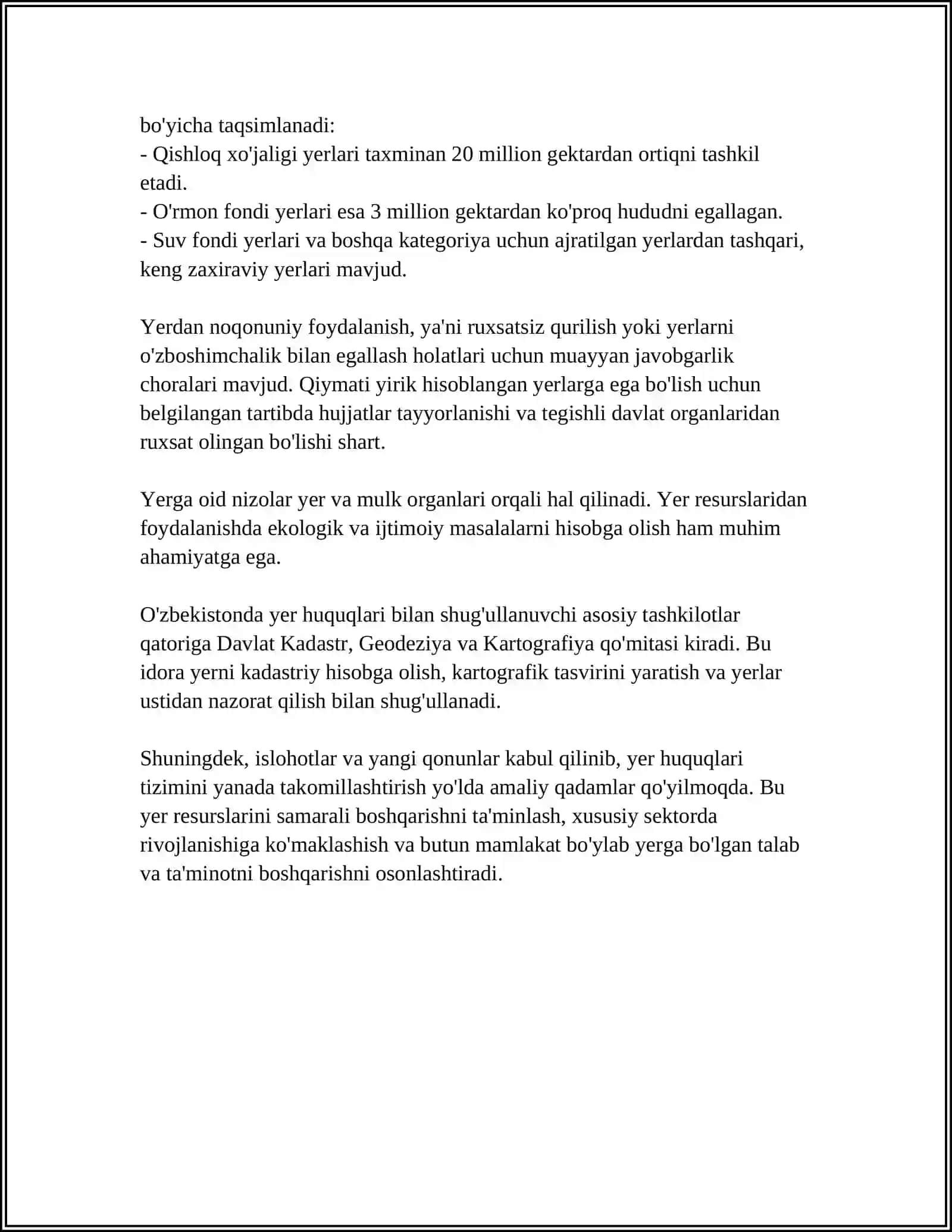 O’ZBEKISTON RESPUBLIKASI QONUNLARI-YER HUQUQLARINING MAXSUS MANBASI SIFATIDA 4