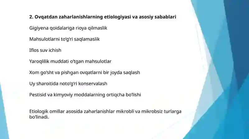 Ovqatdan zaharlanishlarning tasnifi va ularni tekshirish. Xavfsiz ovqatlanish qoidalari 4
