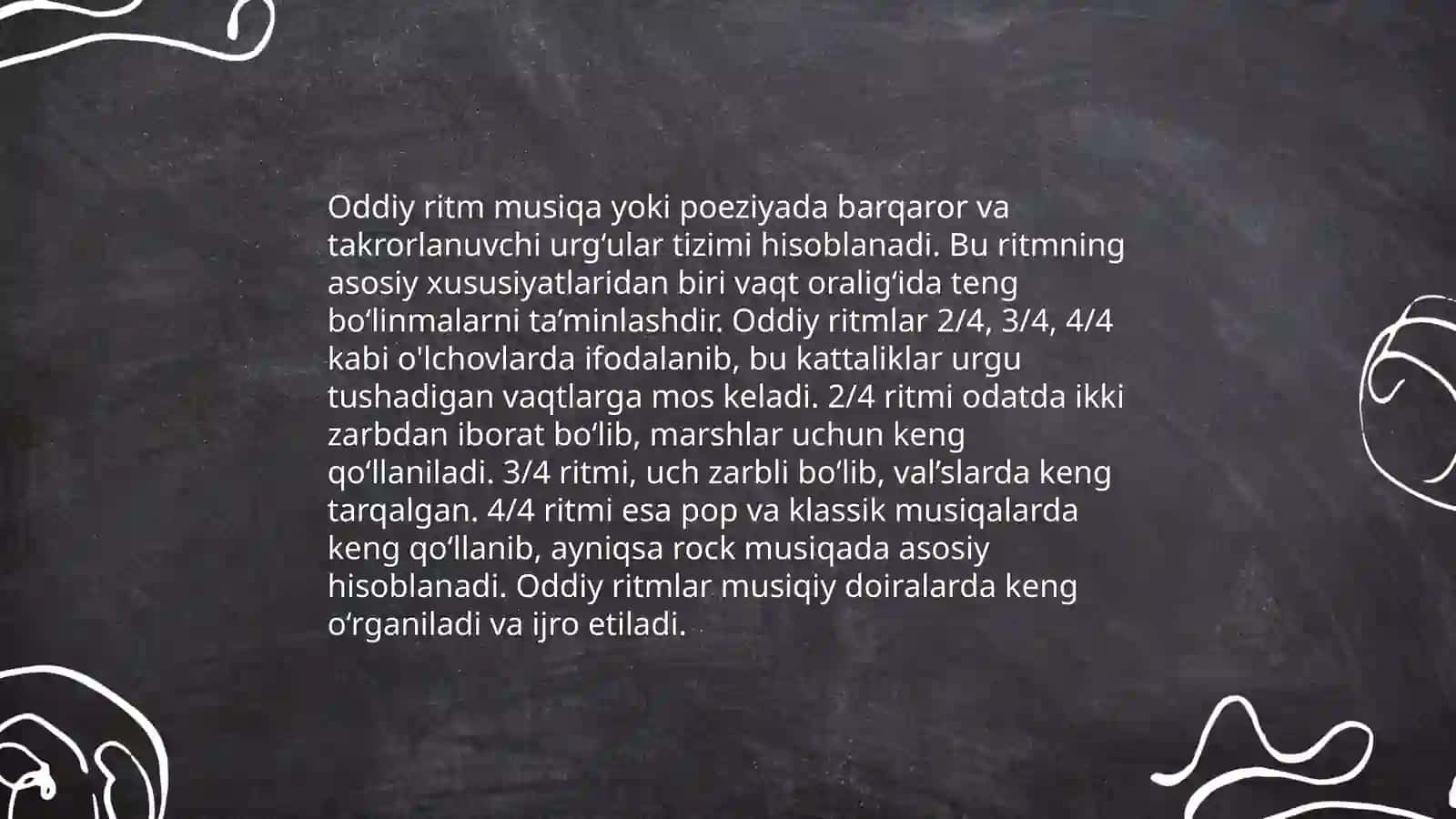 Ritm va metr xissalari va xar hil oʻlchov turlari(oddiy, murakkab, aralash, oʻzgaruvchan) 4