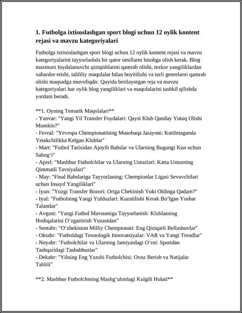 FUTBOLGA IXTISOSLASHGAN SPORT BLOGI UCHUN REJA TUZING. TABLOID: “MASHHUR FUTBOLCHINING MASHG‘ULOTDAGI KULGILI HOLATI”. BROADSHEET: “O‘ZBEKISTON FUTBOL BOZORIDA TRANSFER SIYOSATI: TAHLIL” 4