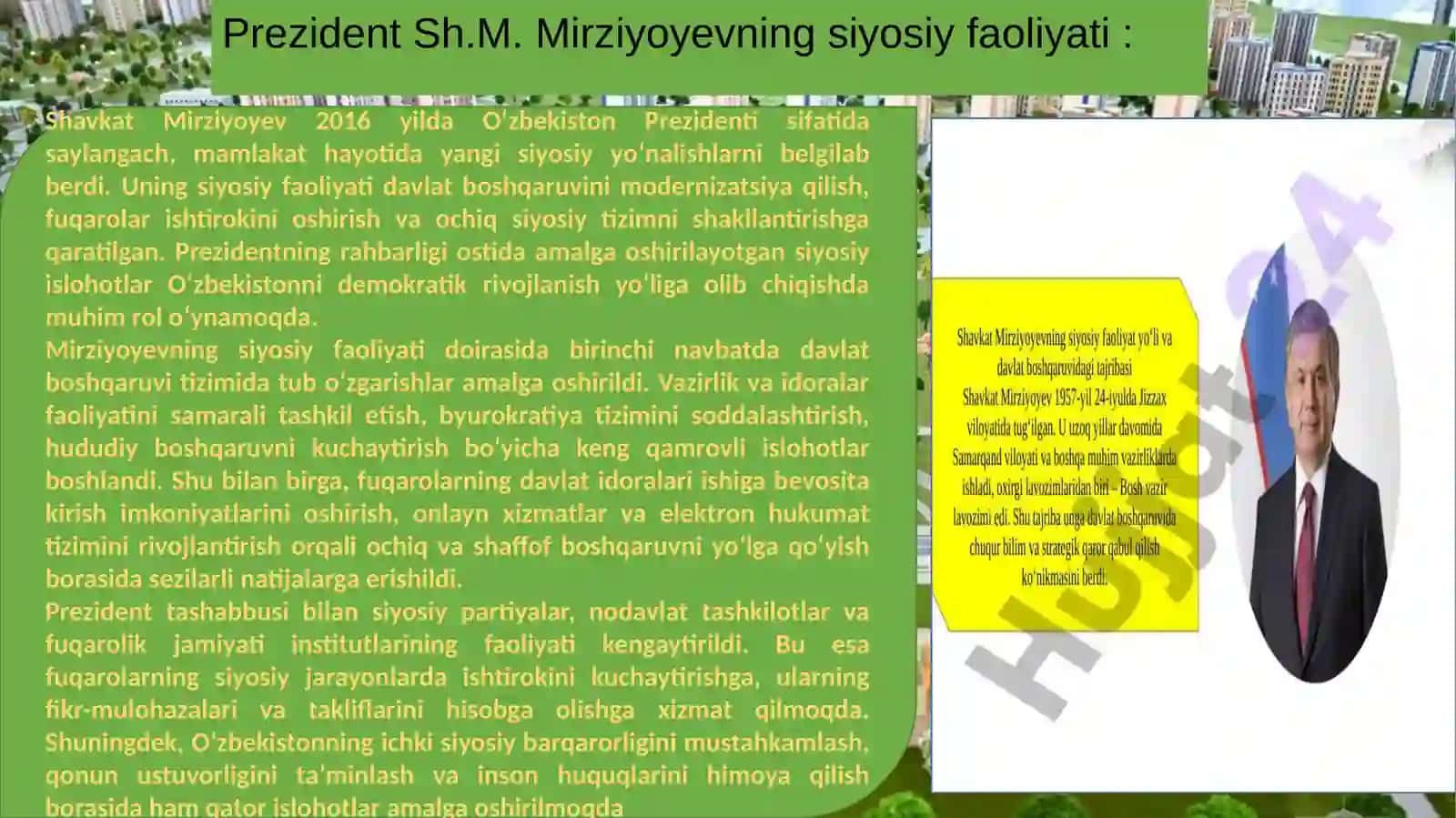 YANGI O`ZBEKISTONDA PREZIDENT SH.M.MIRZIYOYEV RAHBARLIGI VA TASHABBUSI ORTIDA AMALGA OSHIRILAYOTGAN ISLOHOTLAR 4