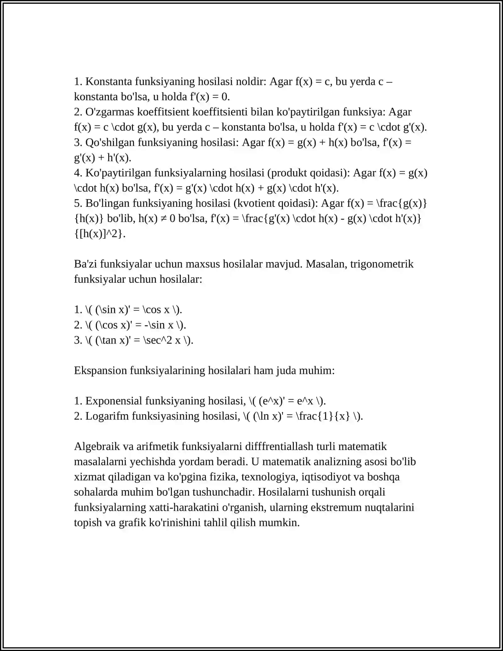 BIR NECHA OʻZGARUVCHI FUNKSIYANING DIFFERENSIAL HISOBI 4