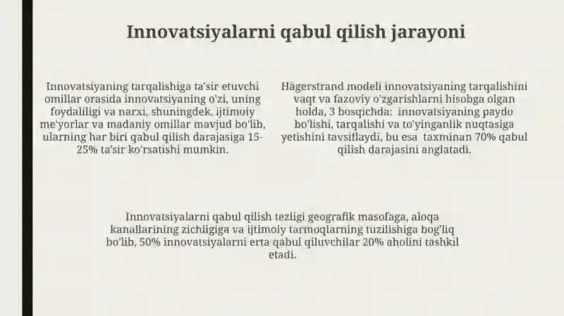Hägerstrandning innovatsiyalarning tarqalishi konsepsiyasini tahlil qilish 4