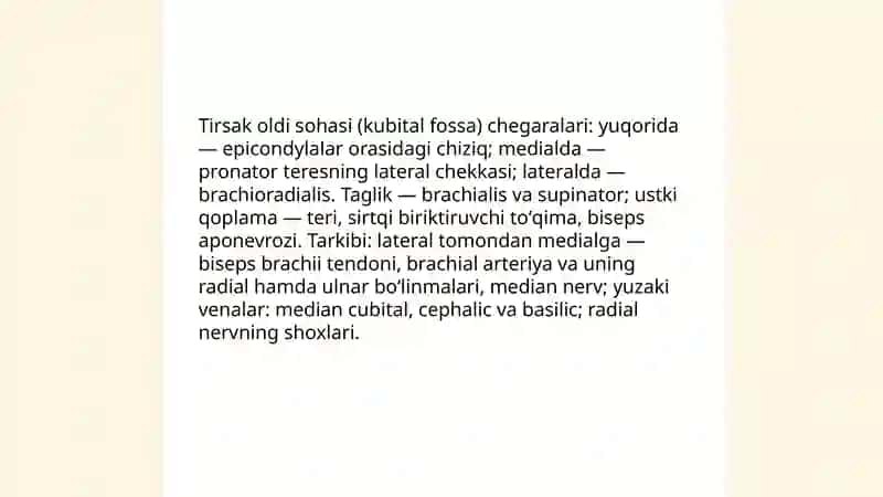 Tirsakning oldingi va orqa sohasi hamda tirsak boʻgʻimining klinik anatomiyasi 4