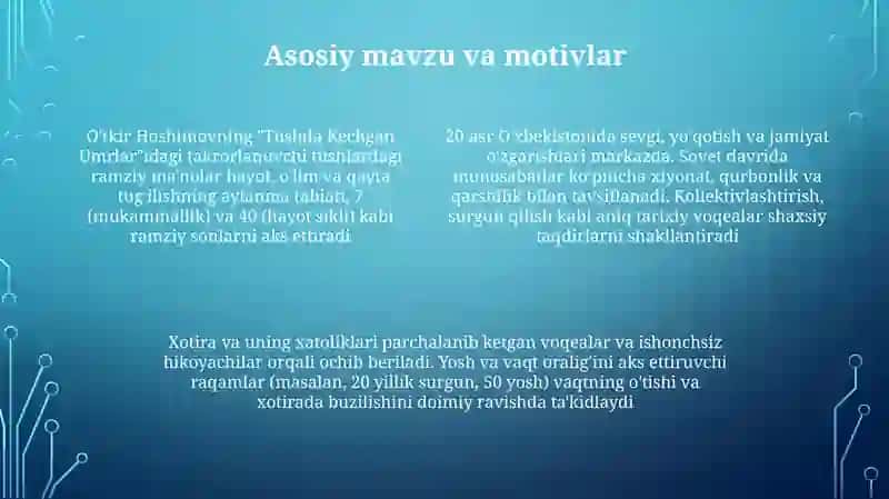 Hoshimovning asarlari mustaqillikdan keyingi tez modernizatsiya va gʻarblashuv bilan anʼanaviy oʻzbek qadriyatlari oʻrtasidagi toʻqnashuvni aks ettirib, Fargʻona vodiysida va undan tashqarida yangi Oʻzbekistondagi oʻzgarib borayotgan ijtimoiy meʼyorlar bilan kurashuvchi qahramonlarni tasvirlaydi 4