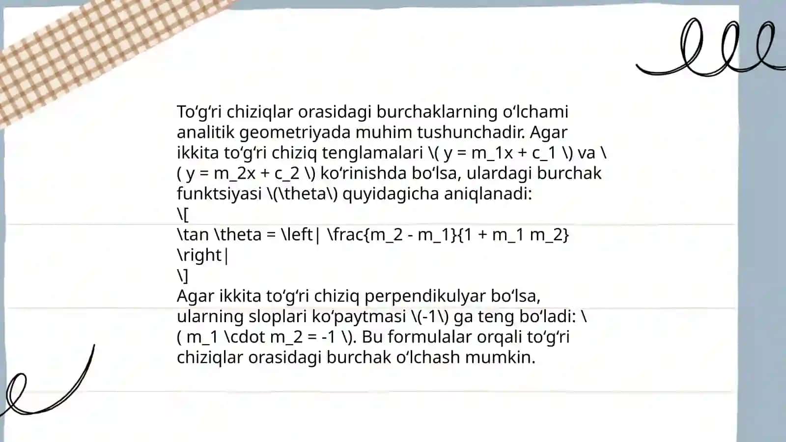 Ikki chiziq orasidagi burchakning geometrik tushunchasi 4