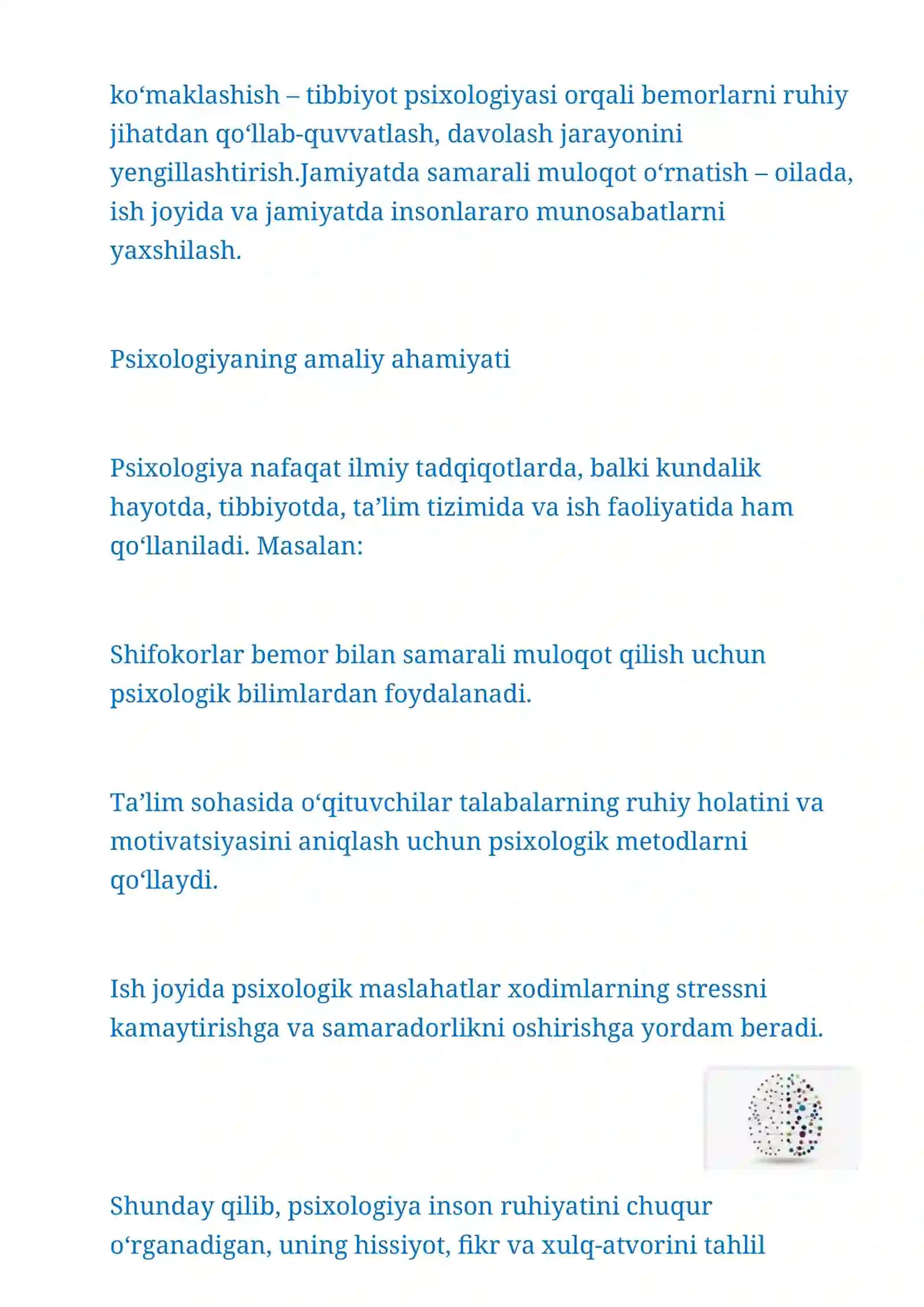 Psixologiya fanining tarmoqlari va metodlari. Tibbiyotda muloqotning ôrni va shaxslararo munosabatlar psixologiyasi 4