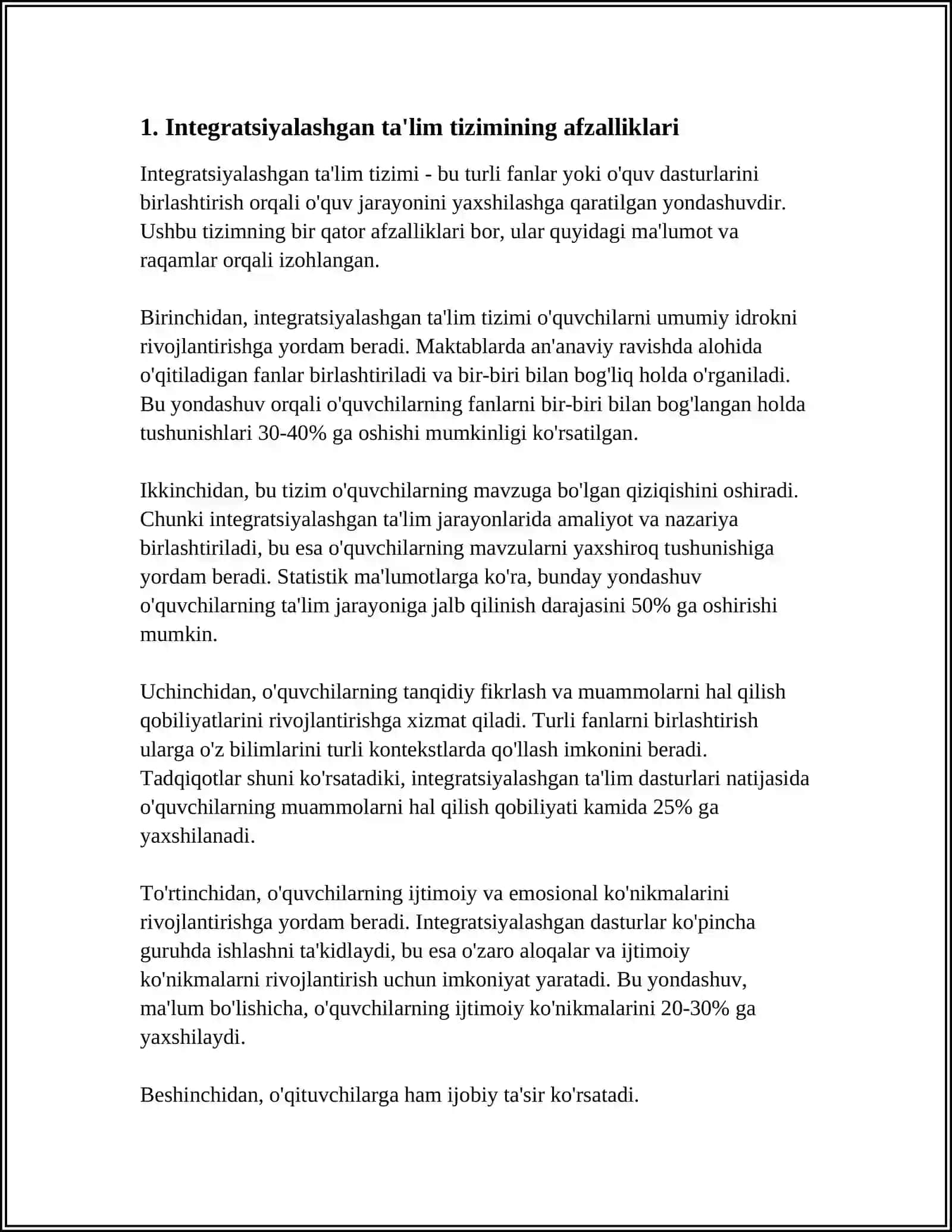 INTEGRATSIYALASHGAN TAʼLIMNI AMALIYOTGA TATBIQ ETISH BOʻYICHA TURLI GURUHLARGA MANSUB RESPONDENTLARNING FIKRLARINI ANIQLASHGA QARATILGAN SOTSIOLOGIK TADQIQOTLAR 4