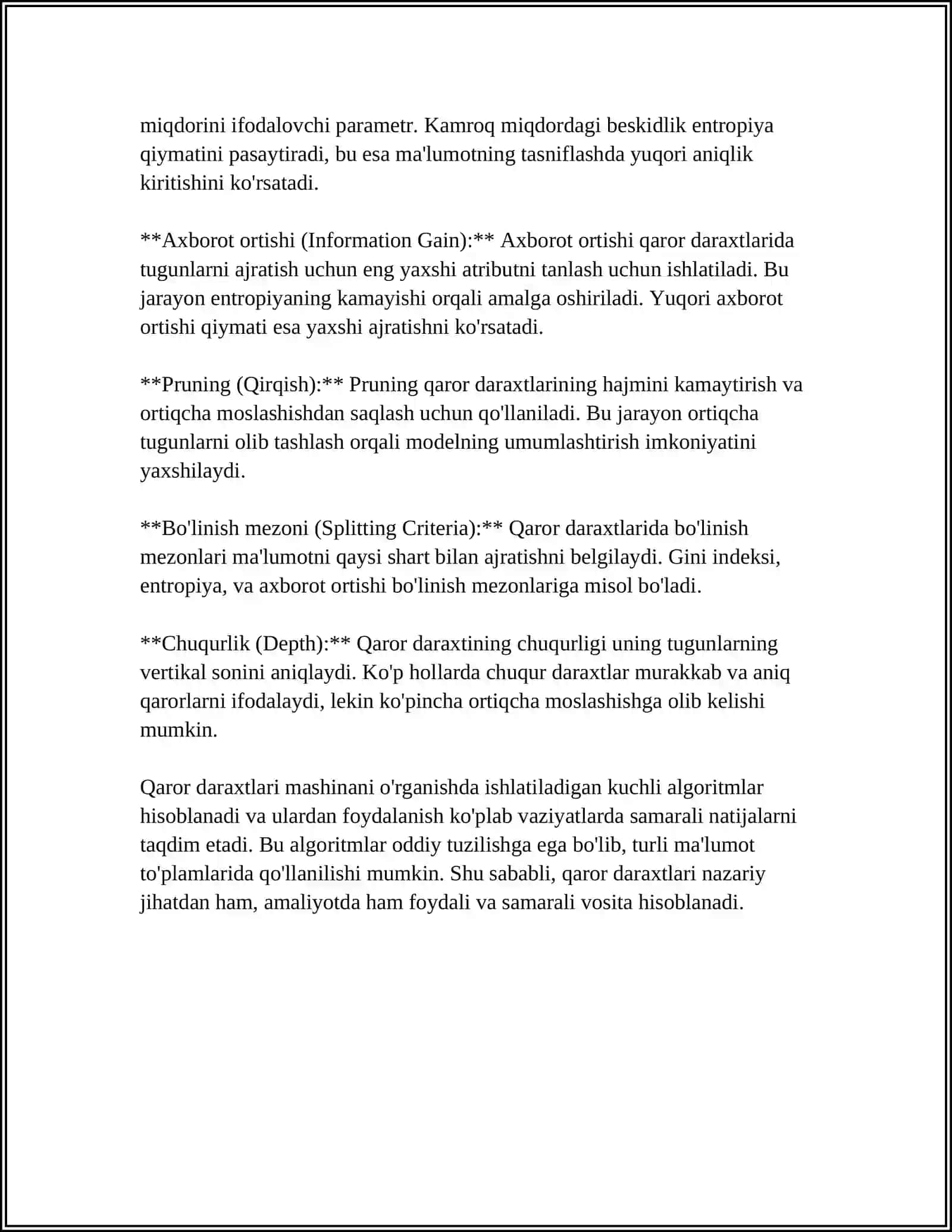 “KATTA MA'LUMOTLARNI QAYTA ISHLASH TEXNOLOGIYALARI VA USULLARI” FANIDAN QAROR DARXTLARINI QURISH MAVZUSIDA MUSTAQIL ISH 4