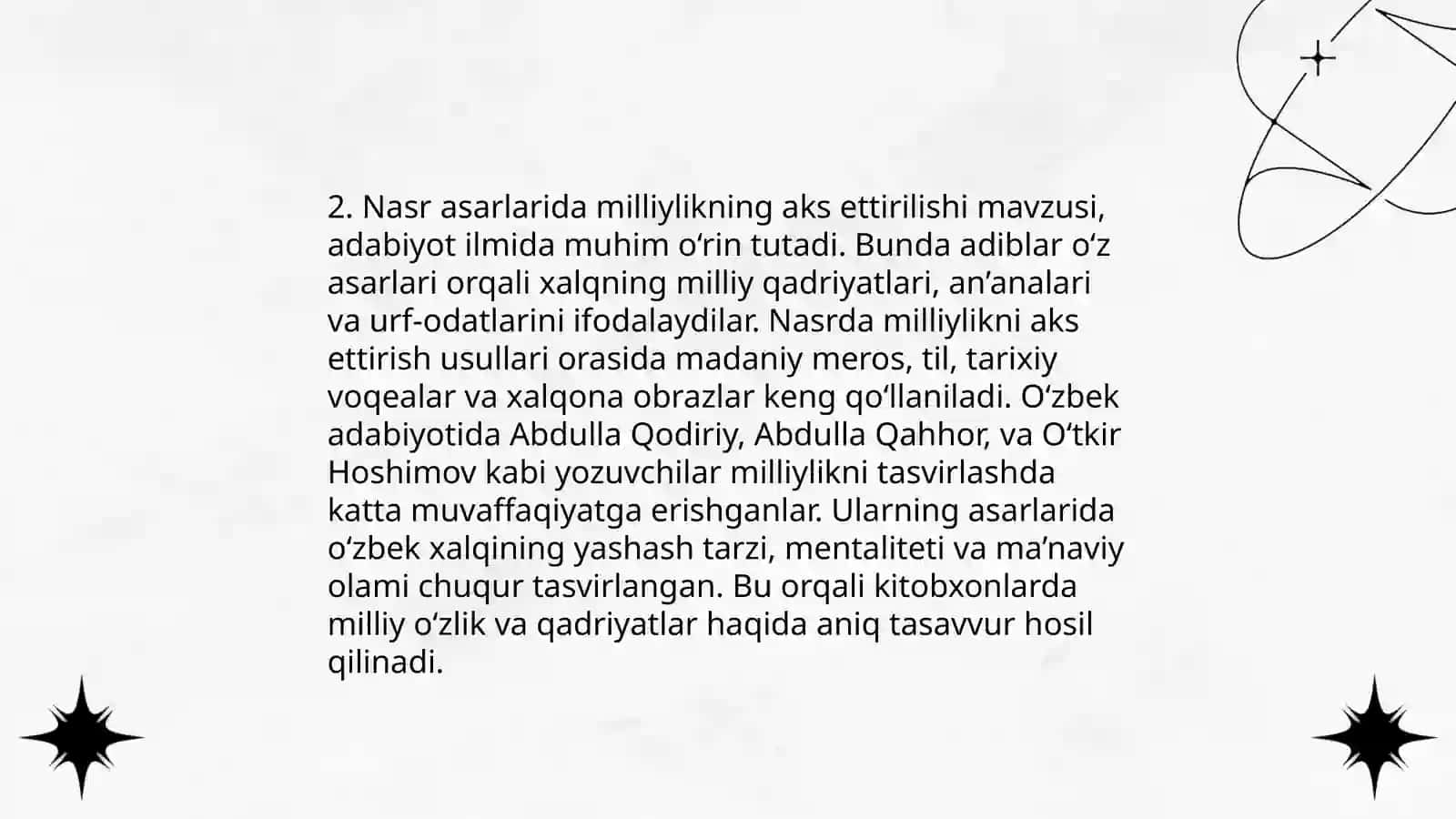 Badiiy adabiyot umuminsoniylik, milliylik va individulik masalasi ( Boltaboyev H. "Nasr va uslub " asari tahlili) 4
