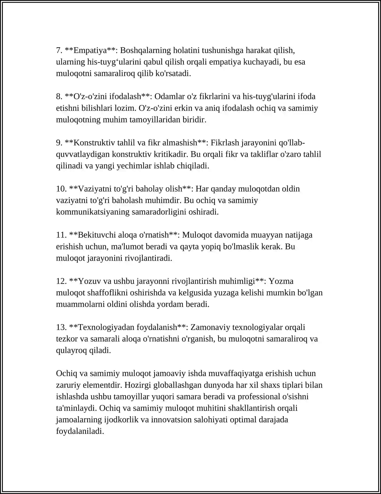 OCHIQ VA SAMIMIY MULOQOT HAMDA JAMOAVIY ISHLASHNI RIVOJLANTIRISH. HAR XIL SHAXS TIPLARI BILAN ISHLASH. SAMARALI STRATEGIYALAR 4