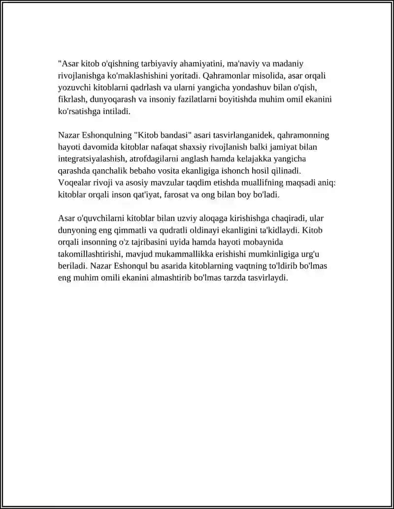 NAZAR ESHONQULNING,, KITOB BANDASI ASARINI OʻQIB TAHLIL QILIB REFERAT TAYYORLASH 4