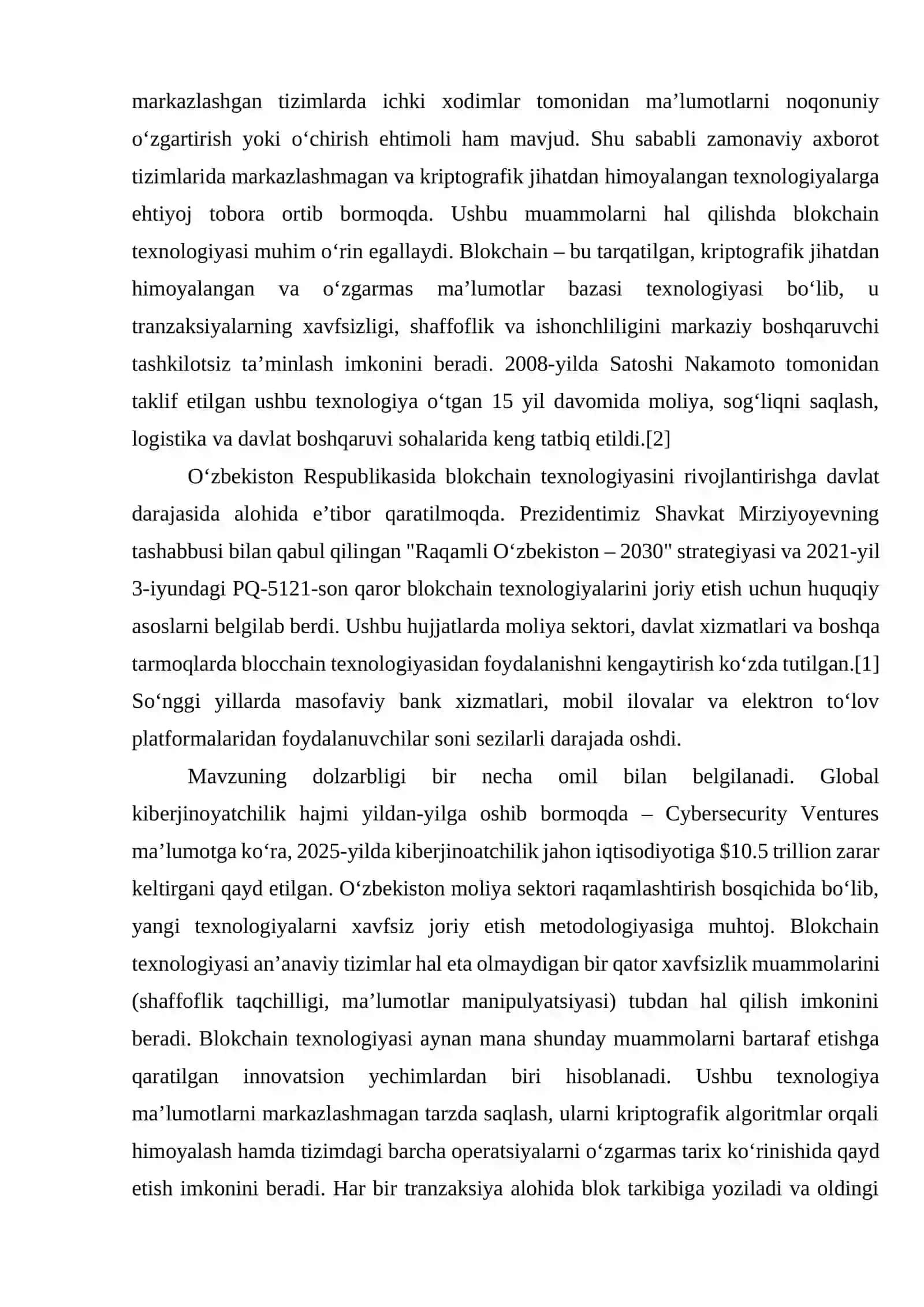 BLOKCHAIN ASOSIDA TRANZAKSIYALARNI XAVFSIZLIGINI
TA’MINLOVCHI DASTURIY VOSITANI ISHLAB CHIQISH 4