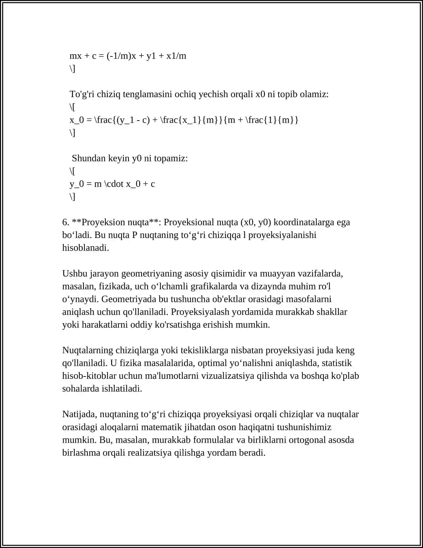 NUQTA TOʻGʻRI CHIZIQ VA TEKISLIK PROYEKSIYALARI METRIK VA POZITSION MASALALAR 4
