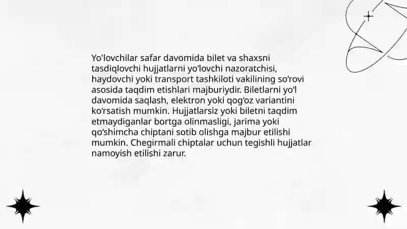 Yo'lovchilarning majburiyatlari va maxsus transport vositalaring imtiyozlari 4