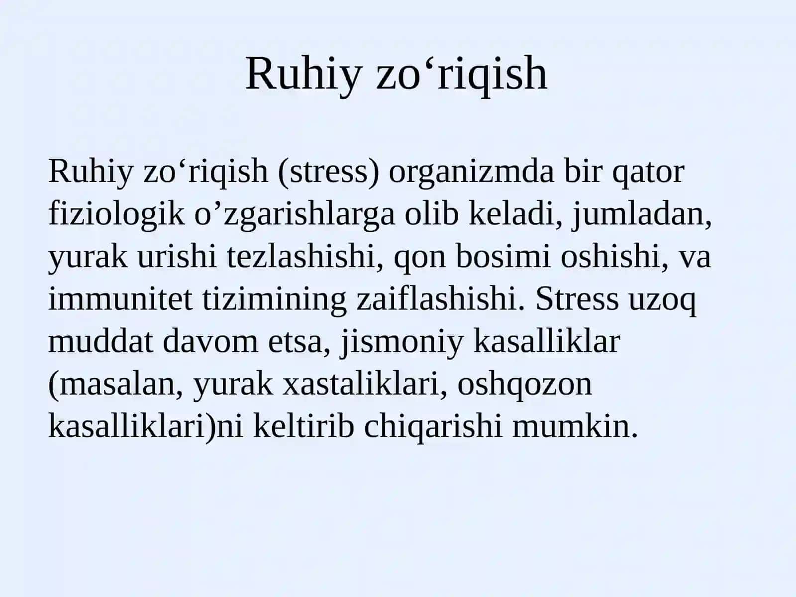 Ruhiy-fiziologik omillarga gigiyenik ta’rif, organizmga ularning zararli ta’sirini oldini olish tadbirlari 4