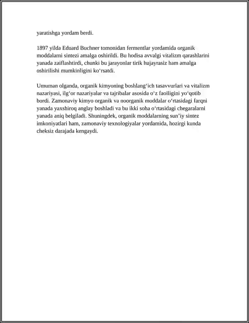 ORGANIK KIMYONING RIVOJLANISH TARIXI. ORGANIK MODDALAR SINTEZNING SHAKLLANISHI 4