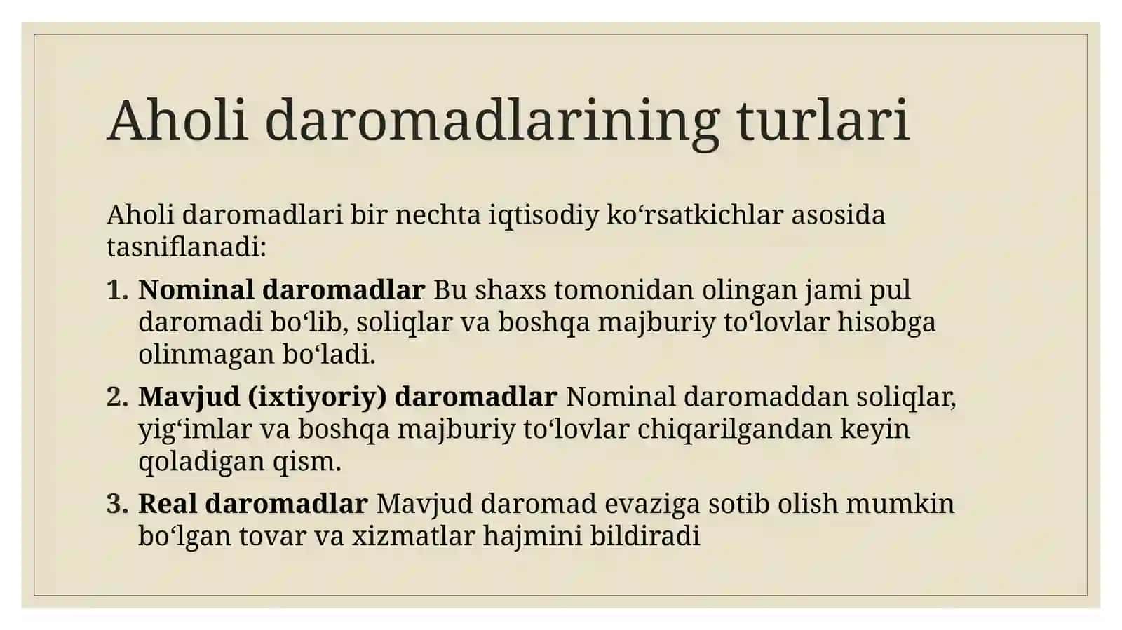 Aholi daromadlari , uning turlari va shakllanish manbalari 4