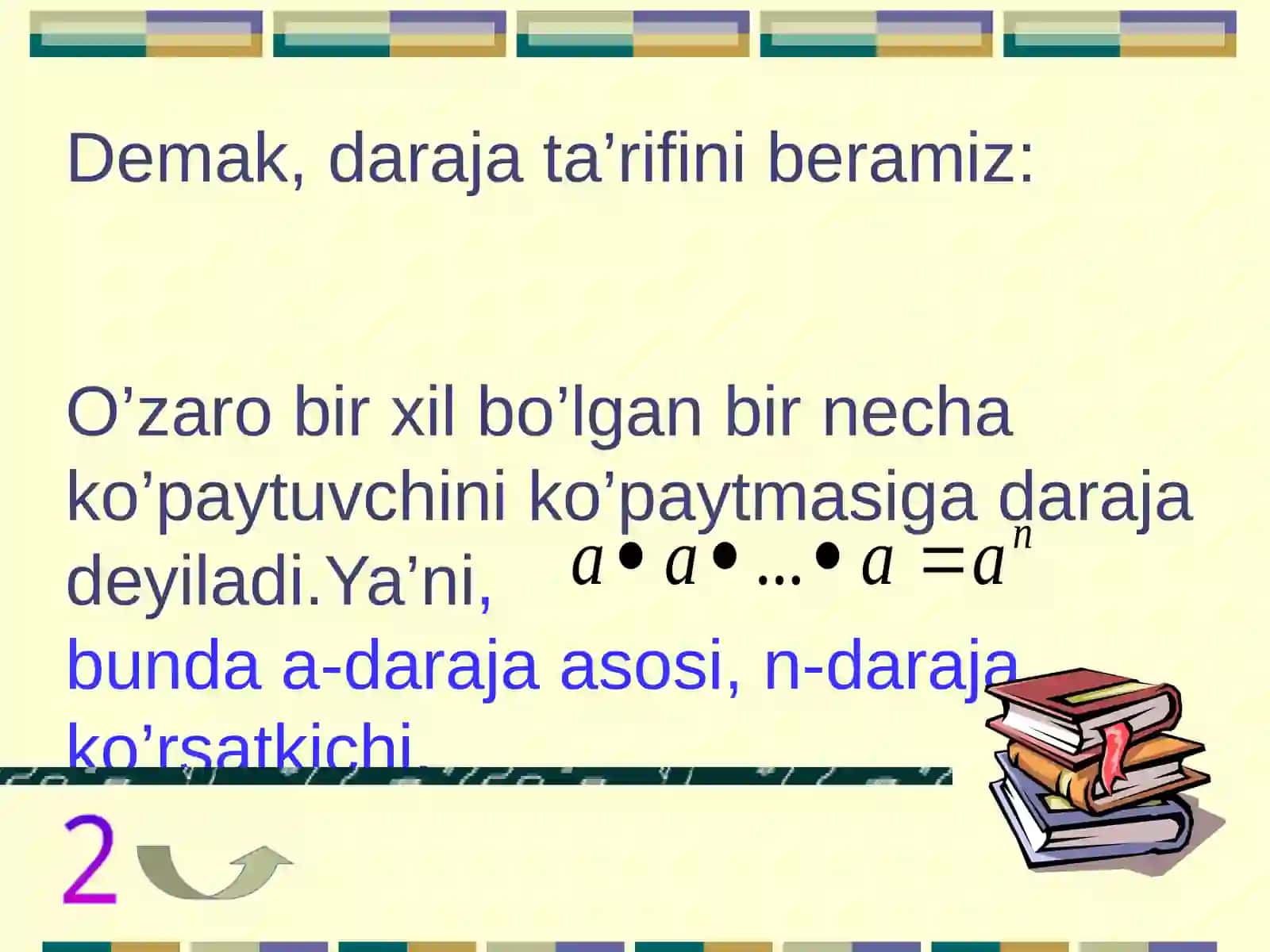 7 SINFLARDA ALGEBRA FANIDAN”DARAJA VA UNING XOSSALALRI”mavzusidaTAQDIMOTI 4