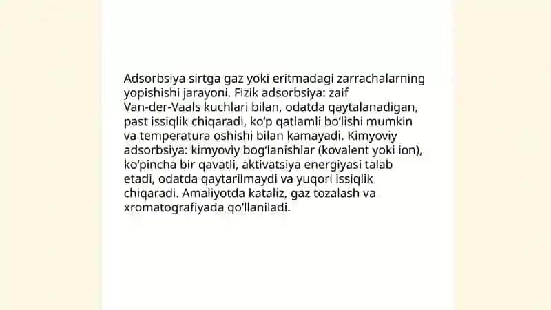 Sirt hodisalari. Adsorbsiya. Xromotografiya 4