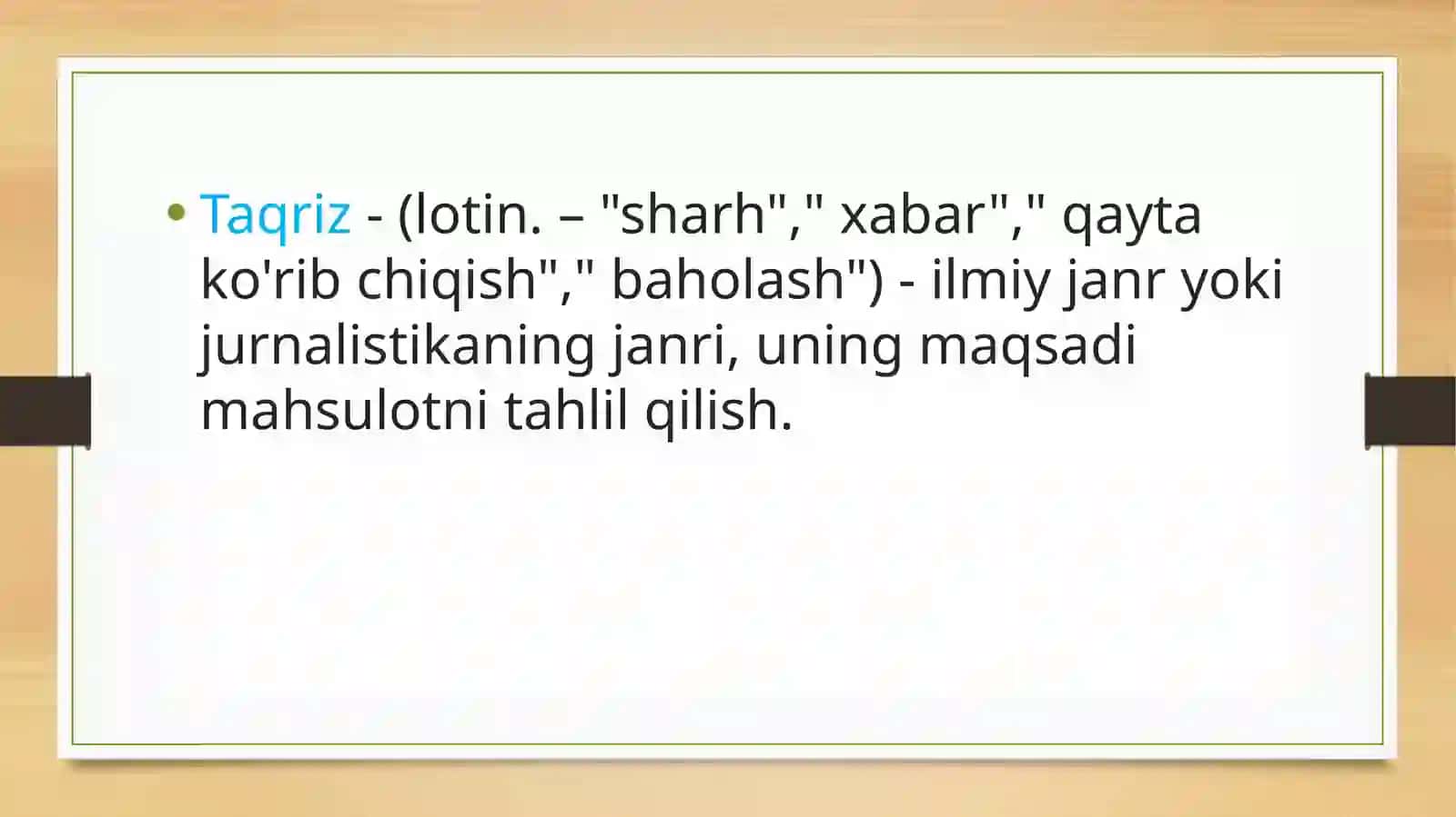 Taqriz. Taqrizning turlari. Taqrizning tuzilishi. Taqrizning tarkibiy qismlari. Taqriz yozishda standart klishelar 4