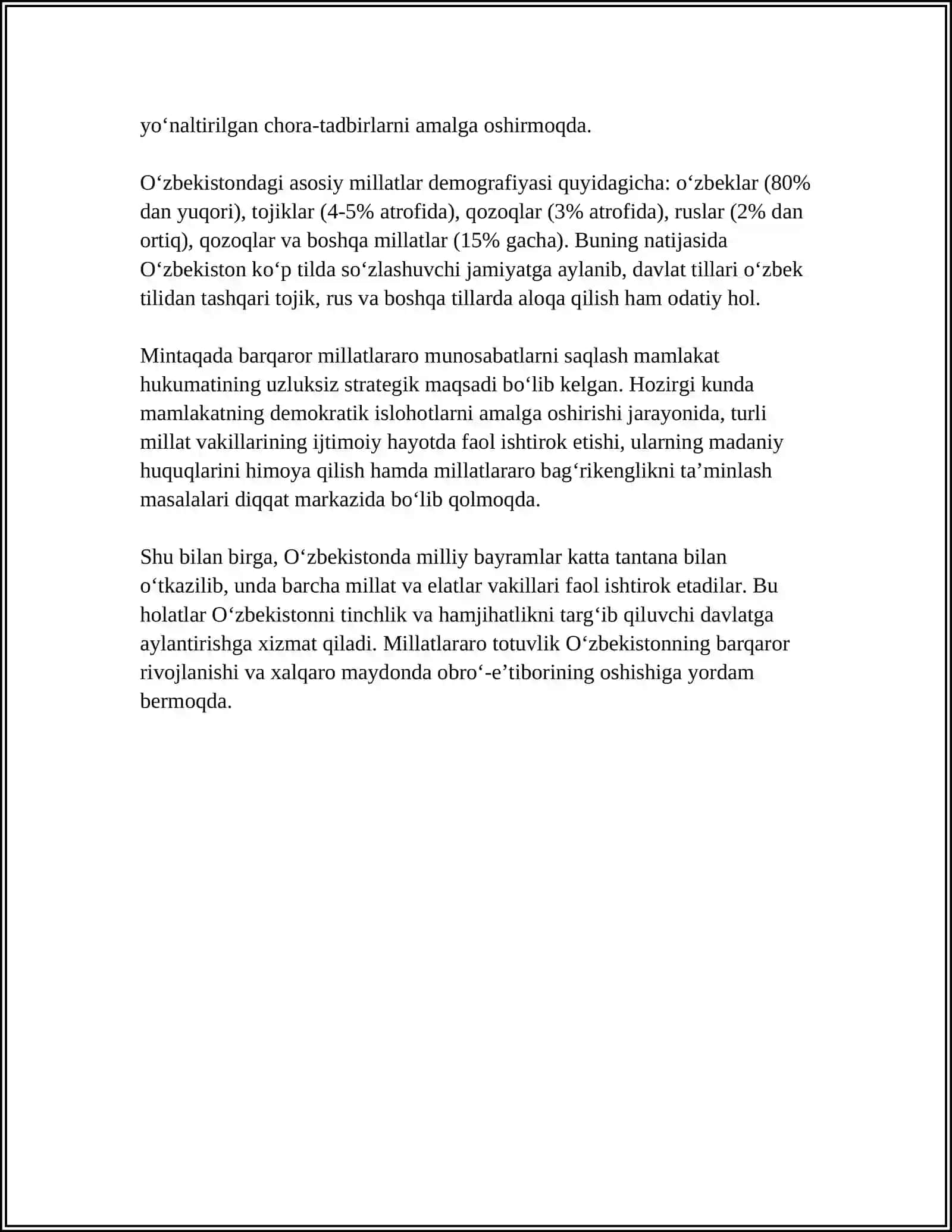O'ZBEKISTONDA MILLATLARARO VA DINLARARO MUNOSABATLARDAGI BARQARORLIKNI TA'MINLASH BORASIDAGI DAVLAT SIYOSATI 4