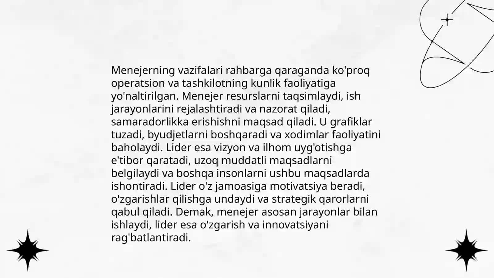 Menejer va lider oʻrtasidagi oʻxshashliklar va farqli tomonlar 4