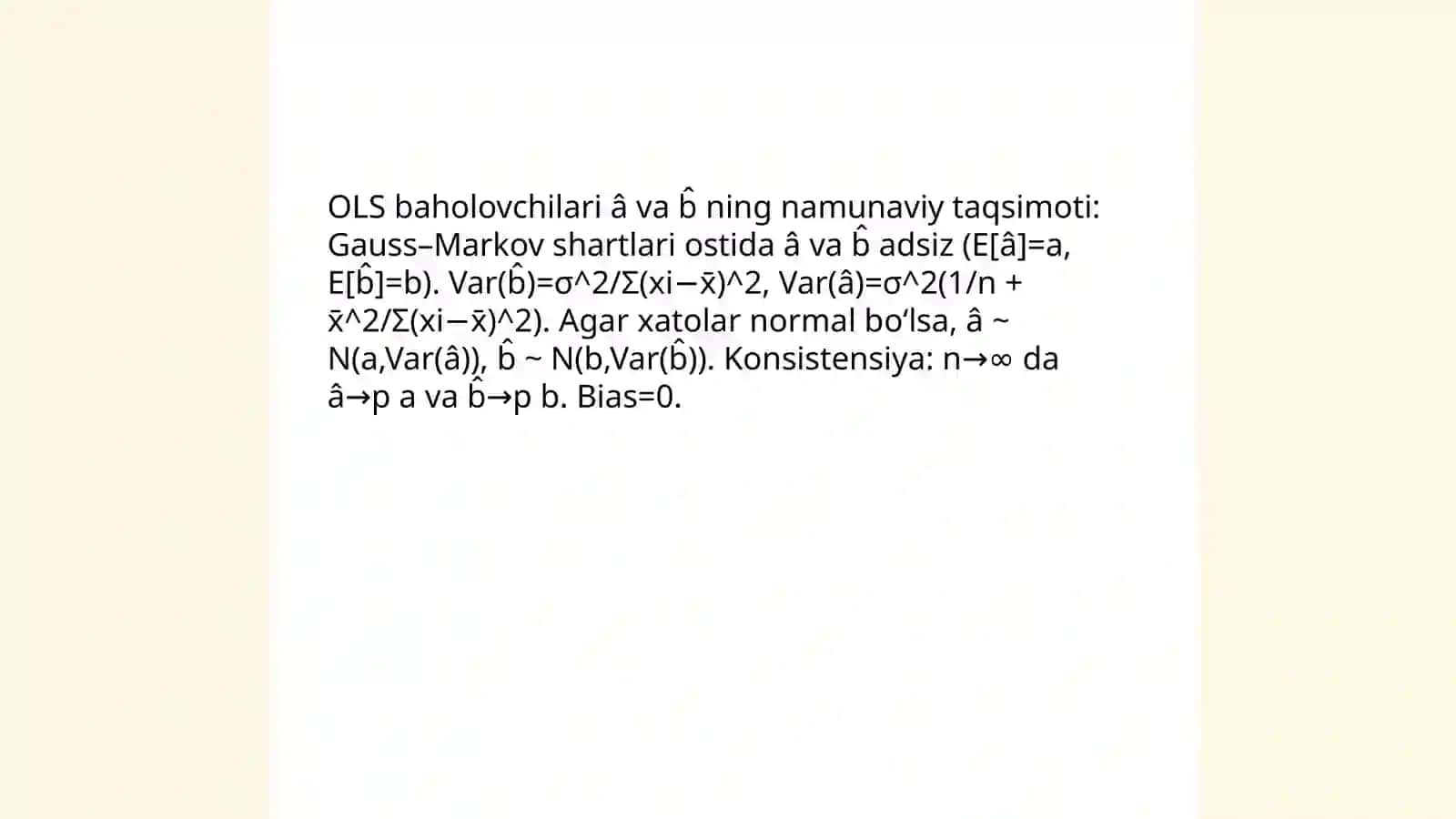 Y = a + bx regressiya tenglamasining a va b parametrlari hisoblansin va tahlil qilish 4