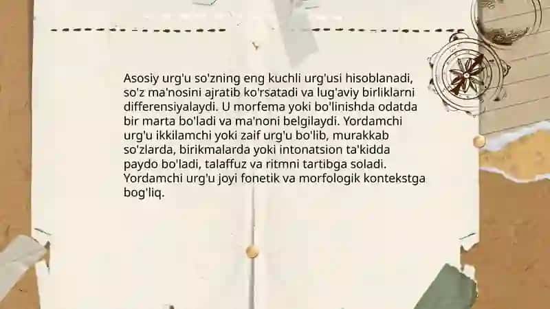 Urg'u va uning turlari. Urg'u olmaydigan birliklar. Urg'uning so'z ma'nosini farqlashdagi roli 4