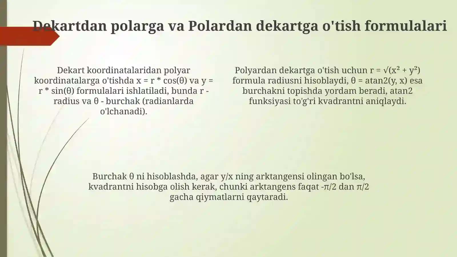 Dekart va kutub koordinatalari orasidagi bog‘lanish 4