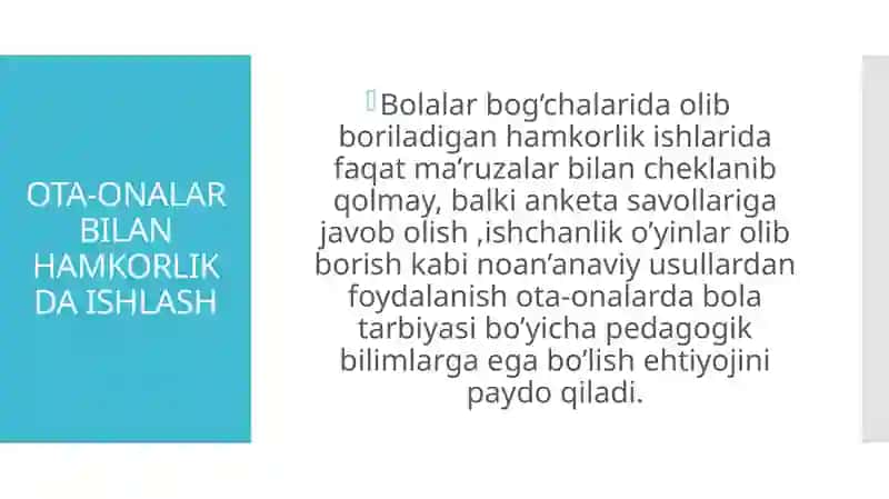KO’P TARMOQLI MAKTABGACHA TA’LIM TASHKILOTLARI VA OILA BILAN HAMKORLIGINI TO’G’RI YO’LGA QO’YISH IJTIMOIY MUAMMO SIFATIDA 4