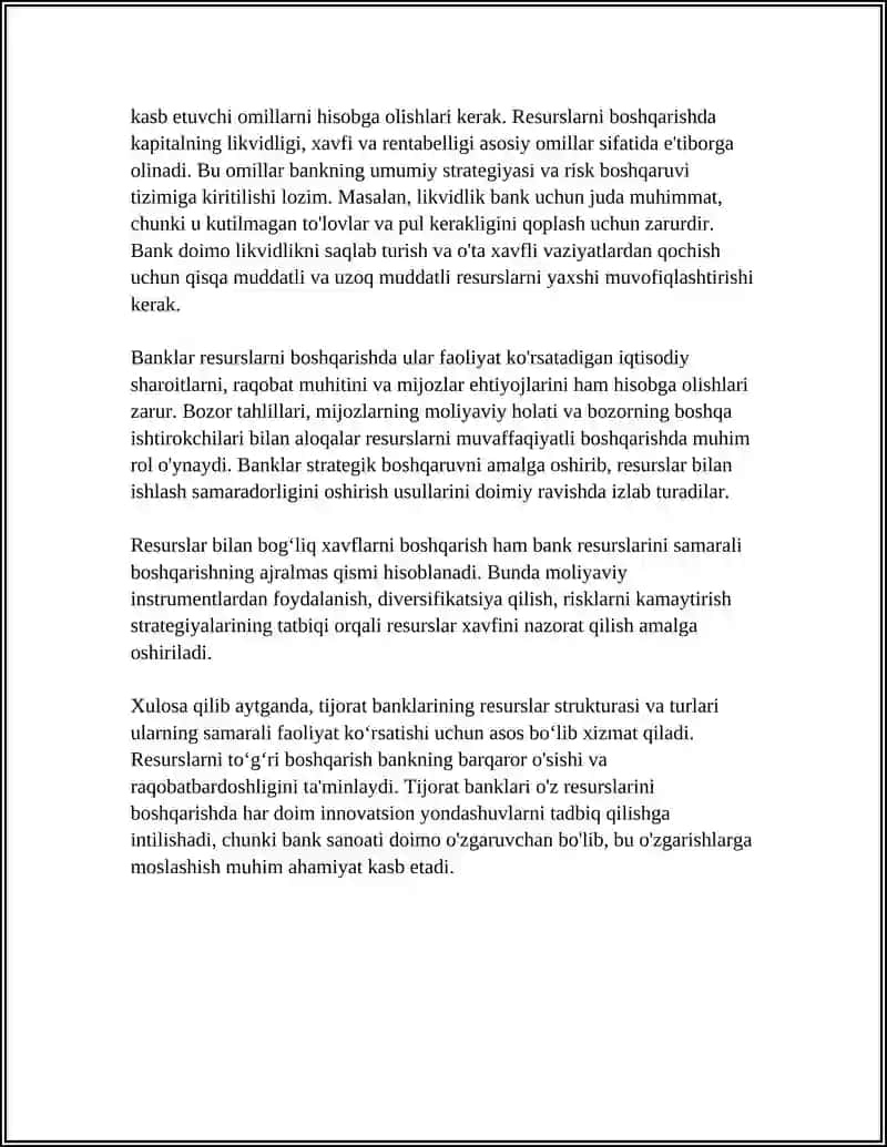 TIJORAT BANKLARINING RESURSLARI VA ULARNI BOSHQARISH MASALALARI 4