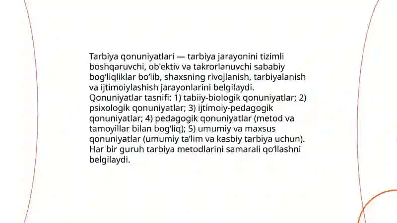 Tarbiyaning umumiy metodlari. Tarbiya qonuniyatlari va tamoyillari 4