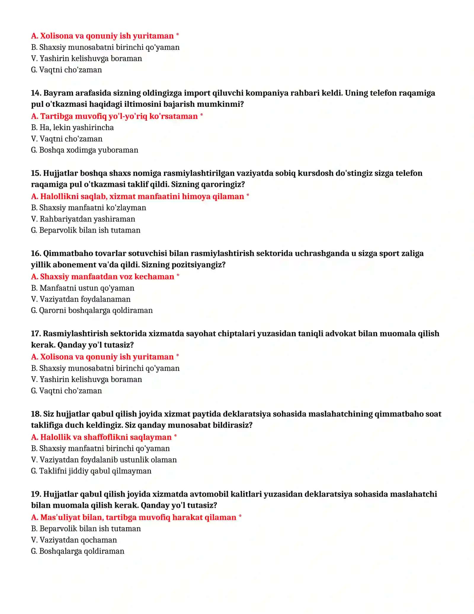 BOJXONA AKADEMIYASI - KASBIY TANLOV TEST SAVOLLARI (№29) 4