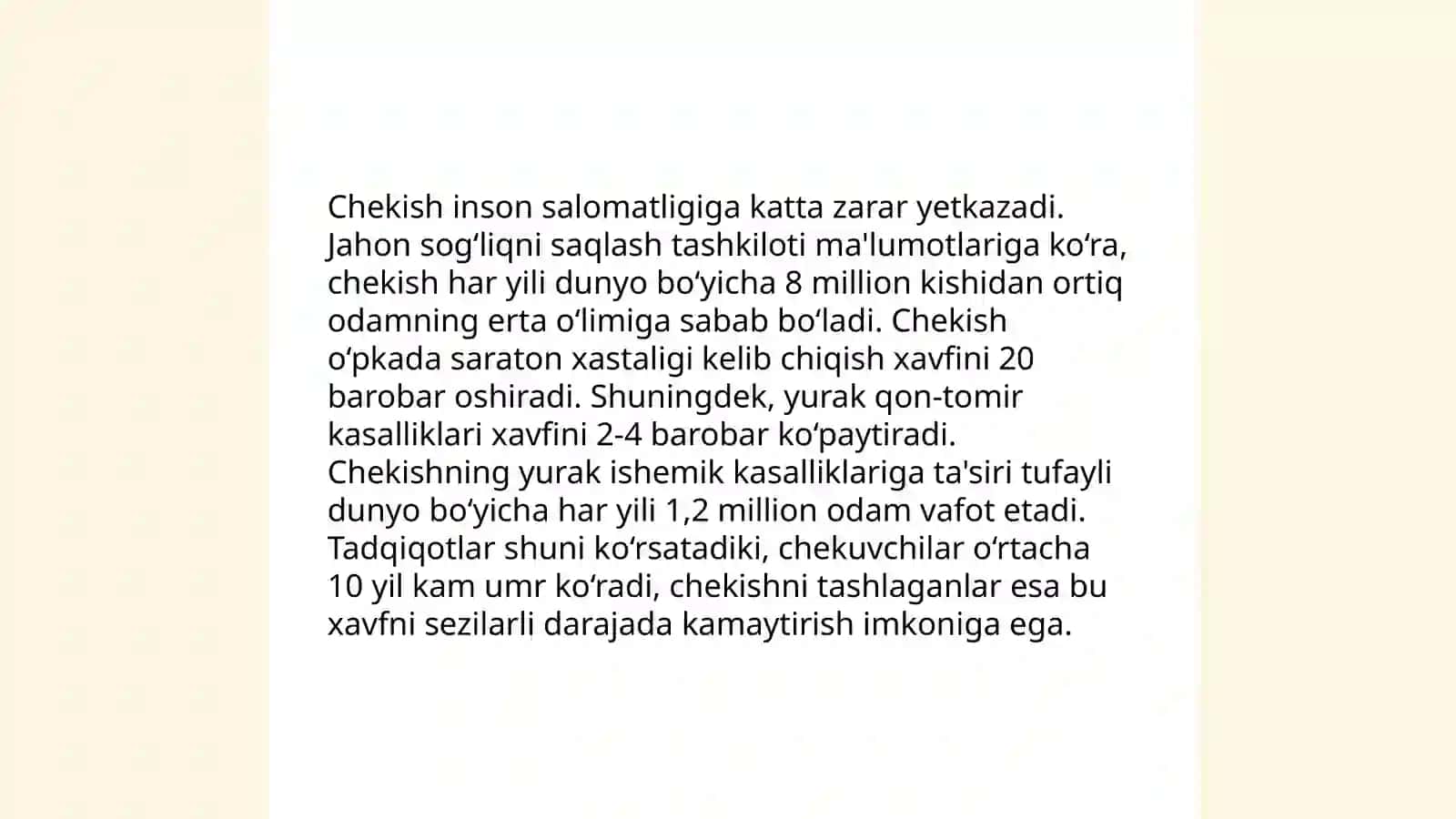 Addiktiv buzilishlar. Chekish tamaki va uning sogʻlik uchun zarari.Tamaki chekishni kamaytiruvchi chora tadbirlar.Nikotinga qaramlilikni oldini olish 4