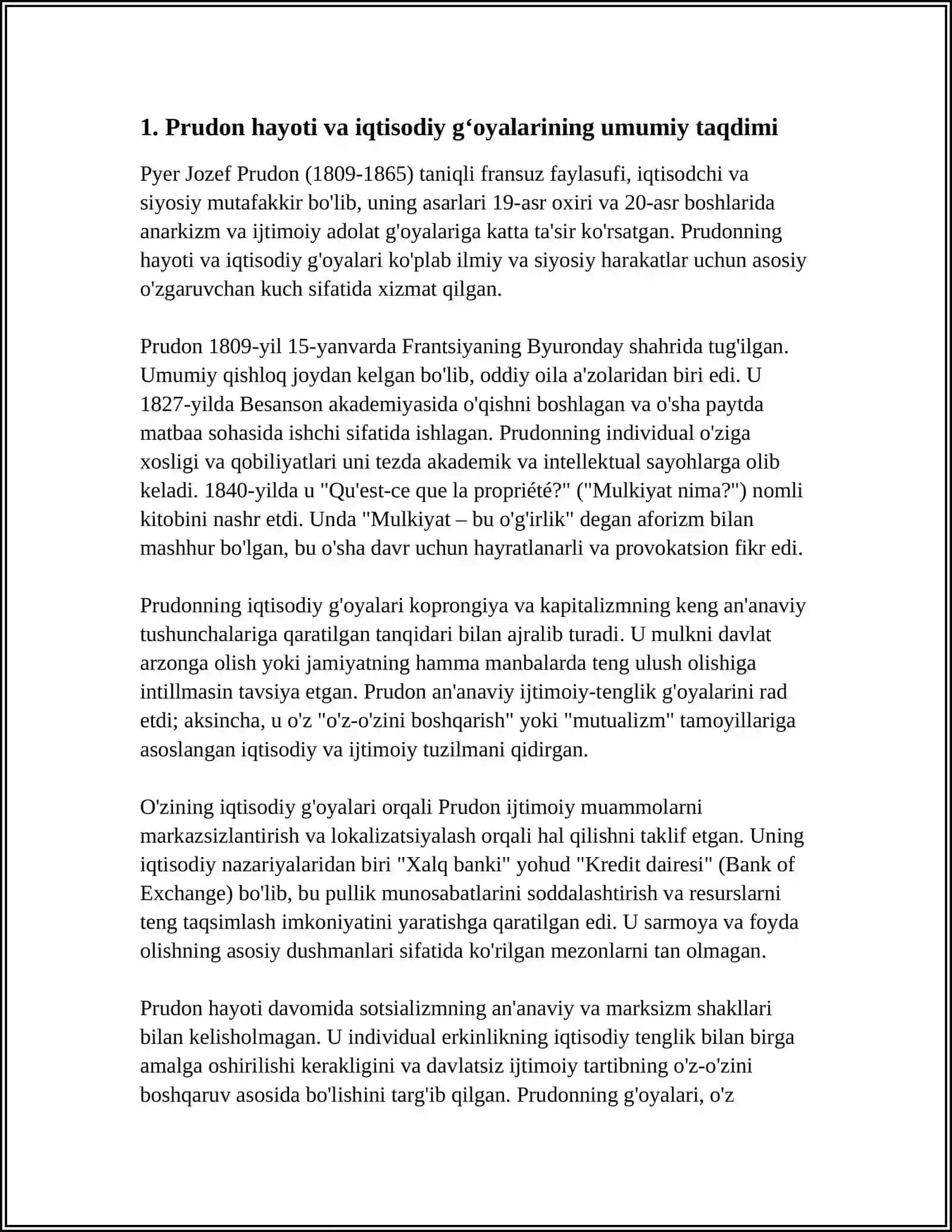 PRUDON (1809-1895) KAPITALIZMNI ISLOH QILISH KONSEPSIYASI,QIYMATNING ABADIY ĞOYASI, BELGILANGAN QIYMAT 4