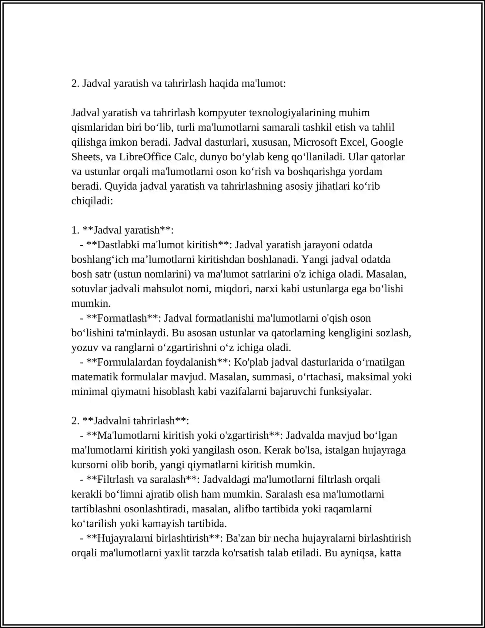 WORD MATN TAXRIRLAGICHIDA JADVAL, MATN, FORMULA, MATNLAR STRUKTURASI BILAN ISHLASH 4