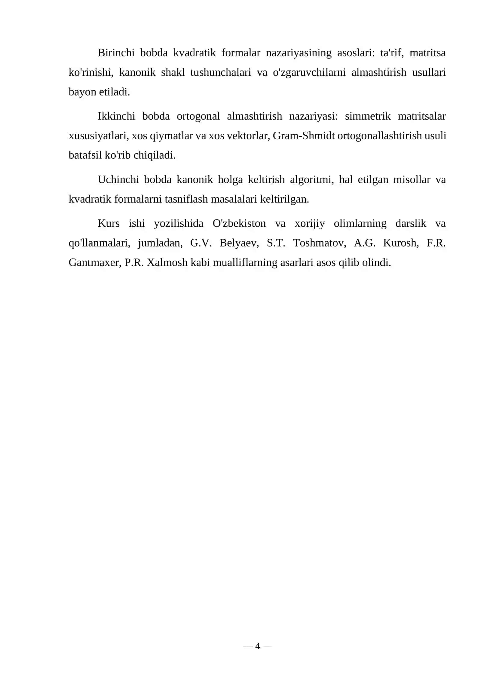 ORTOGONAL ALMASHTIRISH YO'LI BILAN KVADRATIK FORMANI KANONIK HOLGA KELTIRISH 4